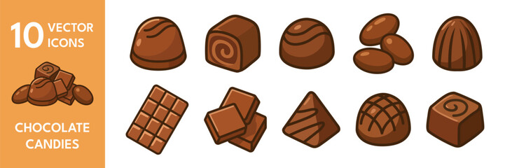 Set of 10 vector icons representing different types of chocolate candies: assorted shapes, filled chocolates, chocolate bars, and truffles