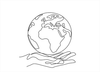 One continuous line drawing of hand holding Earth globe. World environment day poster in simple linear style. Protect and save planet concept	