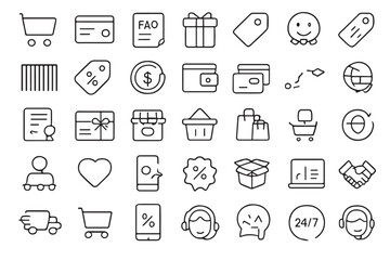 E commerce line icons shopping cart gift box customer service
