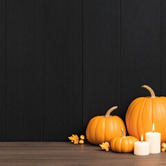 Minimal Halloween Flat Lay with Space for Text Rustic Black Wall with Pumpkins and Candles for Autumn Decoration Ideas Cute Pastel Halloween Illustration Background