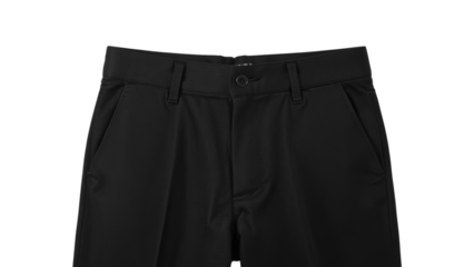 Front view of sleek black trousers with a modern design and understated elegance.