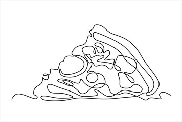 One line Drawing or illustration of slice of pizza with pepperoni and mushrooms. Hand drawn one line vector. Editable stroke	