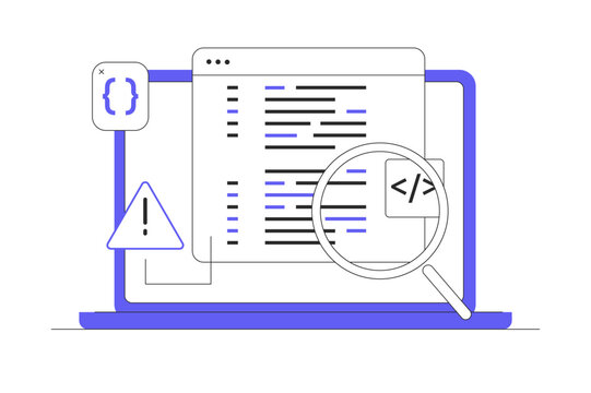 Bug report. Magnifying glass for bugs in computer software program. Bug report. Computer Virus Protection. Tracker Tool on Website. Flat Cartoon Vector Illustration, icon Stylish abstract design web