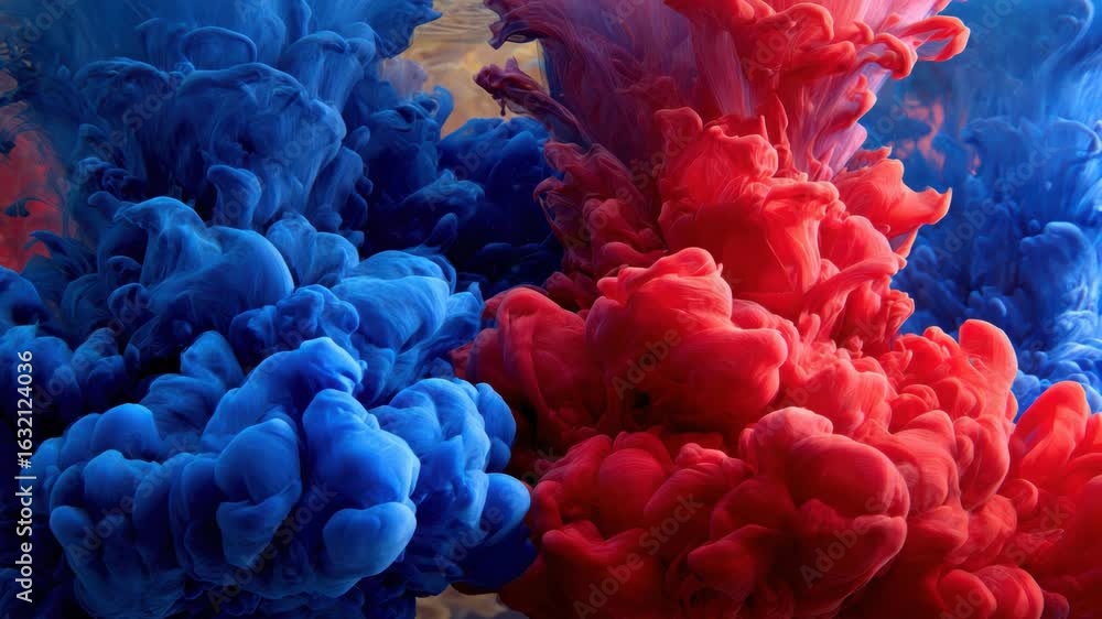 Poster vibrant blue and red ink swirl in water, creating stunning display of color and movement, evoking cr