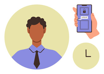 Hand holding smartphone with unlock screen next to profile icon and letter L. Ideal for security, identity verification, biometrics, authentication, privacy, technology, data protection. Simple flat