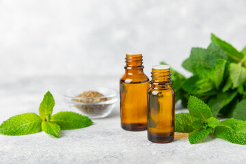 Essential oil mint on a wooden background. Peppermint essential oil with fresh mint leaves. A bottle of aromatherapy oil. Mint extract. The concept of natural cosmetics, spa care. copy space