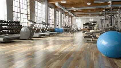 Modern gym interior with wood floors and exercise equipment