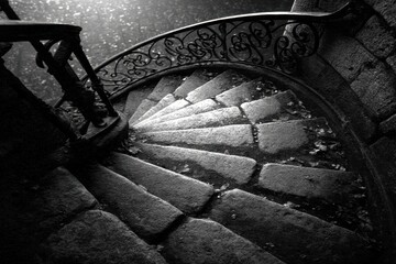 Dramatic black and white view of an ornate, ancient spiral stone staircase.