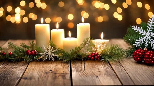 Festive Holiday Arrangement of Candles, Pine, Berries, and Snowflakes Warm Glow for Cozy Celebrations and Decorations