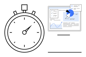 Stopwatch paired with a screen displaying an analytics dashboard of charts, text, and graphs. Ideal for time management, data tracking, business analysis, productivity, efficiency, performance