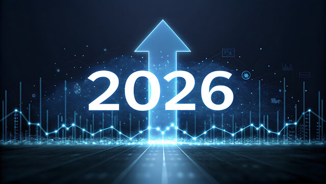 3D neon sign of a rising business graph on a black blackboard, symbolizing the concept of new year success and growth