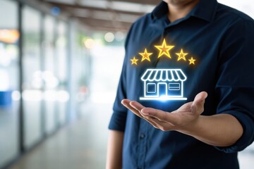 Customer experience concept with a man holding a store icon in his hand