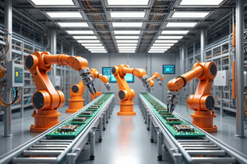 Automated factory assembly line with robotic arms