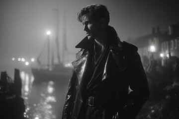 A mysterious figure in a trench coat standing on a foggy dock at night, with blurred lights in the background.