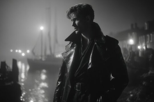 A mysterious figure in a trench coat standing on a foggy dock at night, with blurred lights in the background.