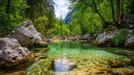 Fototapeta premium Crystal-clear river flowing through a lush forest.