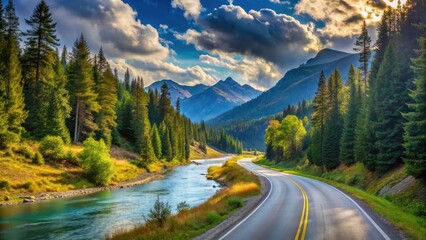 Scenic Highway Winding Through a Mountain Valley River Landscape with Lush Green Coniferous Trees and a Bright Sunny Sky