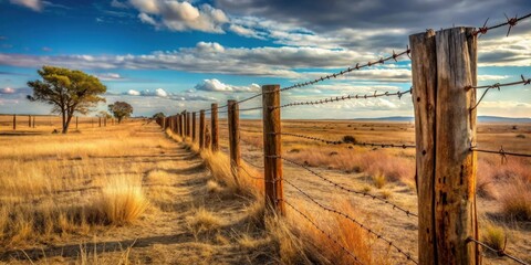 Rustic Wooden Fence Post and Barbed Wire in a Dry Grassland Under a Dramatic Sky