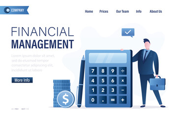 Financial management, landing page template. Businessman uses calculator counting finance, planning, distributing budget. Diversification of money savings, investments,