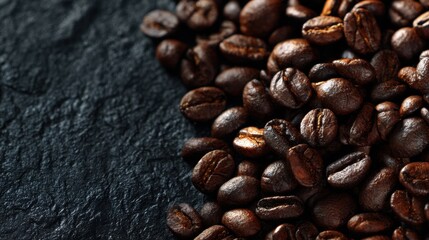 Freshly Roasted Coffee Beans on Textured Dark Surface Background