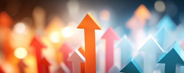 Many colorful upward-pointing arrows against a bokeh background