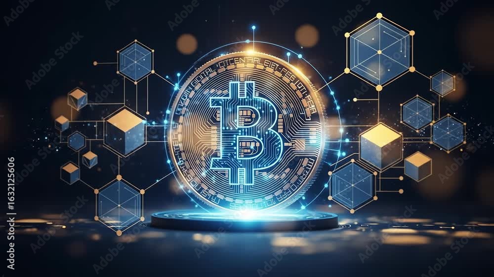 Poster futuristic concept of cryptocurrency with a glowing bitcoin symbol. digital currency and abstract bl