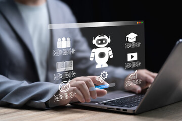 Artificial Intelligence Agent Analyzes Data and Generates Digital Output, AI-Powered Technology Concept, Businessman uses laptop and AI Futuristic Neural Network Interface, Machine Learning, Education