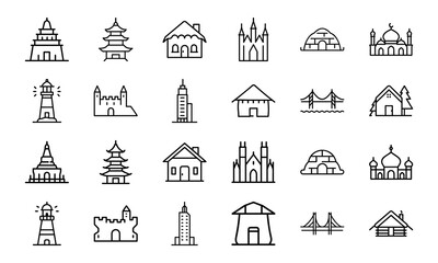 Collection of Iconic Architecture Line Art – Set of Minimalist Landmark, House, and Structure Icons Including Temples, Castles, Igloos, Mosques, Huts, and Modern Buildings for Design and Illustration