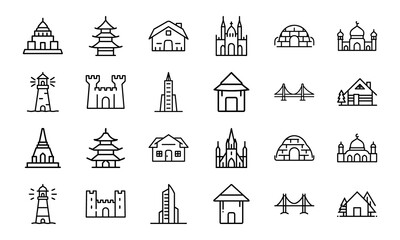 Collection of Iconic Architecture Line Art – Set of Minimalist Landmark, House, and Structure Icons Including Temples, Castles, Igloos, Mosques, Huts, and Modern Buildings for Design and Illustration
