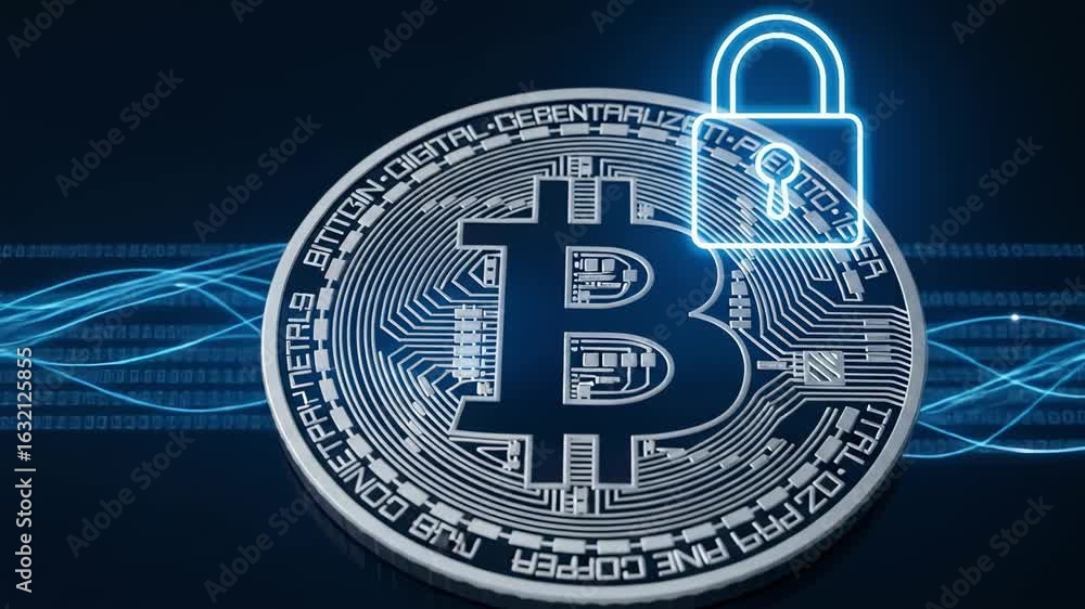 Poster bitcoin digital decentralized peer to peer. cryptocurrency security concept with a glowing padlock o