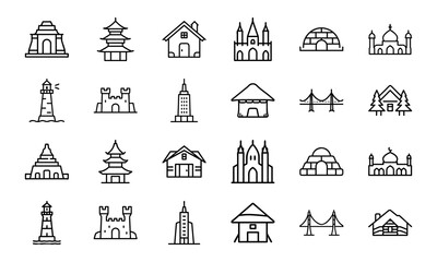 Collection of Iconic Architecture Line Art – Set of Minimalist Landmark, House, and Structure Icons Including Temples, Castles, Igloos, Mosques, Huts, and Modern Buildings for Design and Illustration