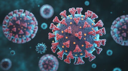 Microscopic menace: Vivid portrayal of multiple viral particles, rendered with an eye-catching artistic flair against a dynamic background. The image captures the raw essence of a health-related.
