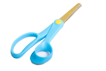 Blue scissors slightly open, isolated on a white background,