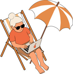 Vector illustration of an elderly woman working on a laptop while sitting in a deck chair under a beach umbrella.