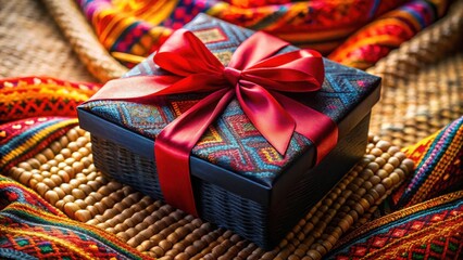 A luxuriously wrapped gift box adorned with a vibrant patterned cover and a rich red ribbon sits on a textured surface, surrounded by colorful textiles