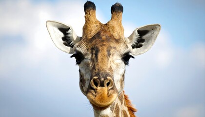 Naklejka premium Close-up portrait of a giraffe against a clear blue sky in its natural habitat