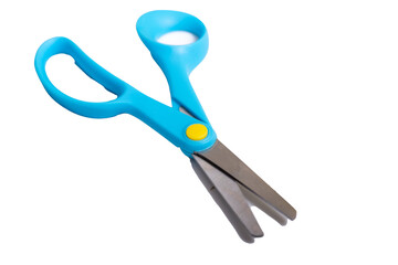 Blue scissors slightly open, isolated on a white background,