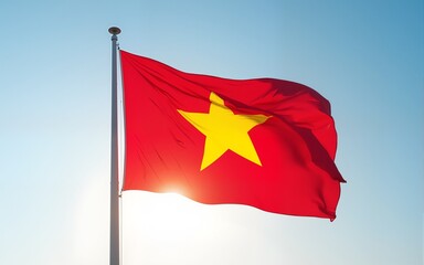 Vietnam national flag with mast waving in beautiful sky. Vietnam flag for Republic Day and Independence Day. High quality