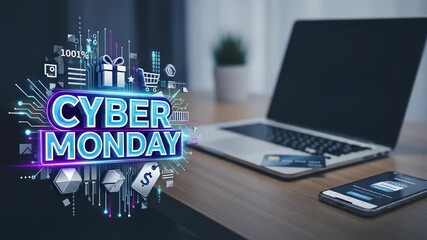Cyber Monday sale promotion concept. Online shopping with laptop, smartphone, and credit card on a desk. E-commerce and digital retail technology background.