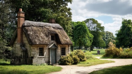 Quaint stone cottage with thatched roof nestled in a park setting.