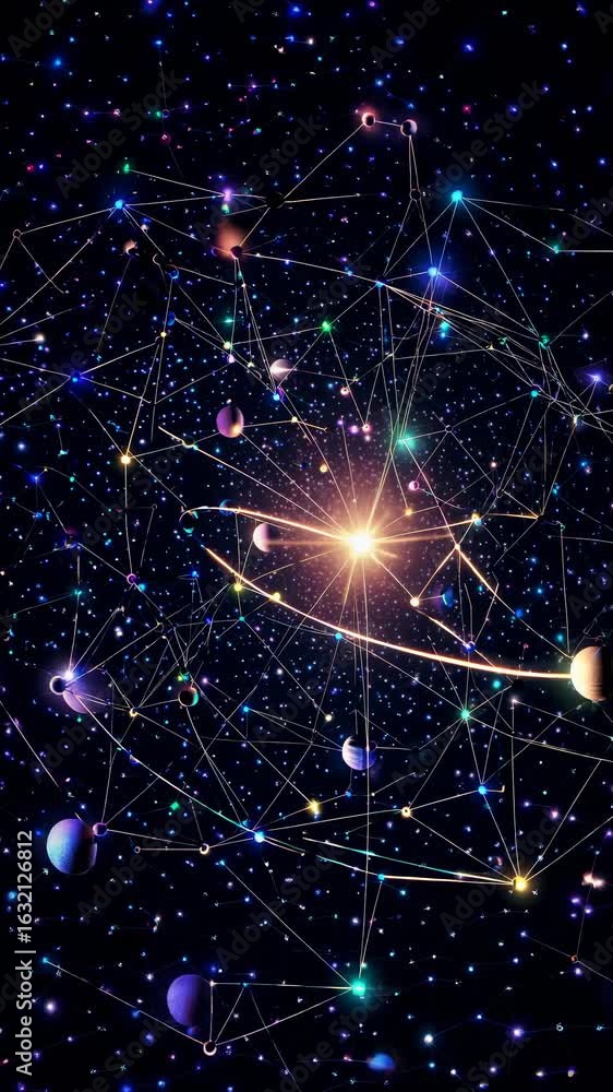 Canvas Prints a cosmic network of glowing lines and nodes surrounds a central starburst, viewed from a top-down an