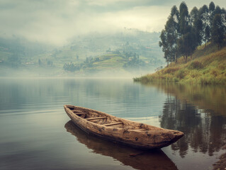Lake Bunyonyi with dugout canoe and mist