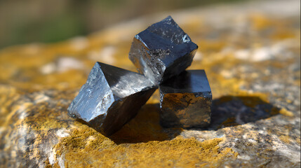 Raw rare earth mineral crystals on the weathered crust of yellow brown granite exhibit metallic reflections, showcasing strategic mineral resources and industrial clean energy materials.
