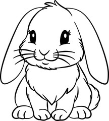 Cute black and white vector illustration of a smiling rabbit isolated on a white background.