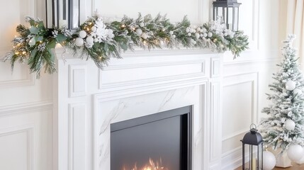 Elegant Christmas fireplace scene with festive decorations and a glowing tree.