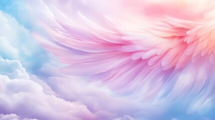Gorgeous angel wings with pastel colors float gracefully among fluffy clouds in the sky.