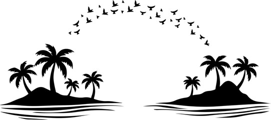 Obraz premium Tropical island, palm trees, birds flying, black silhouette, vector icons