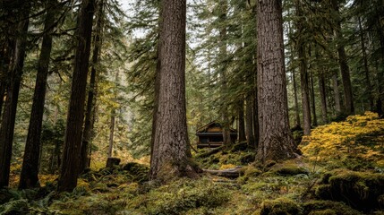 Fototapeta premium Rustic cabin nestled within a lush forest.