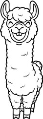 Vector illustration of a cute black and white alpaca with a smiling face isolated on a white background.