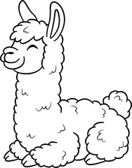 Vector illustration of a cute black and white alpaca with a smiling face isolated on a white background.